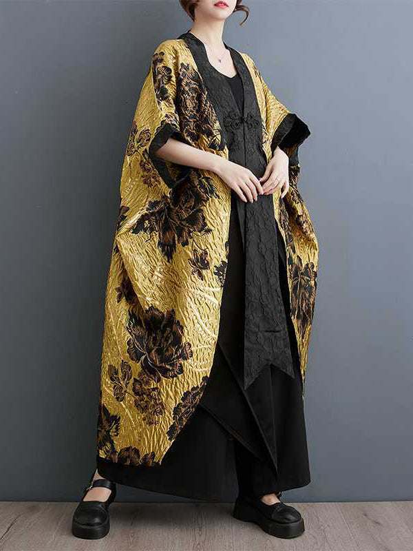 Manches chauve-souris, amples, ornés de fleurs, boutons de grenouille chinoise, plissés, col en V, vêtements d'extérieur