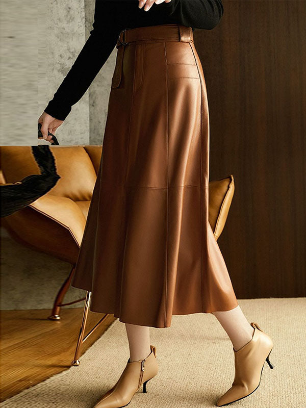 Jupe boutonnée coupe trapèze, taille haute, avec ceinture, à poches, à empiècements, à fermeture éclair, couleur unie