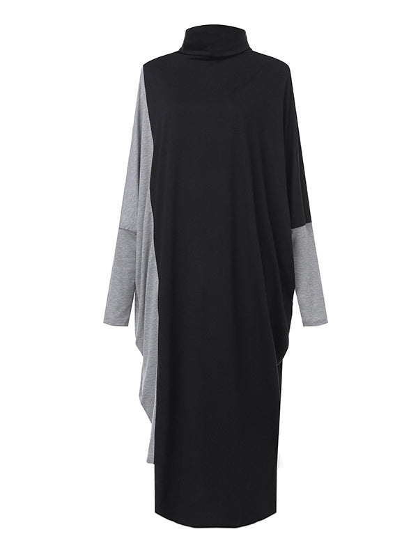 Robe décontractée ample à empiècements, à col haut, à manches longues, couleur contrastée