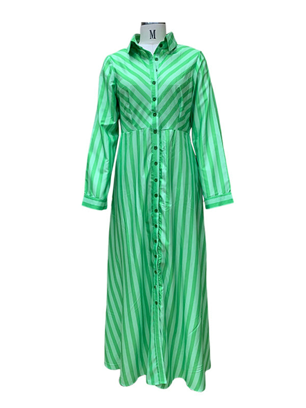 Robe longue élégante rayée à manches longues, à col revers