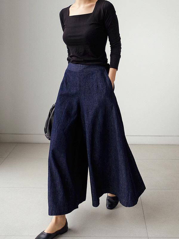 Pantalon en jean empire ample à jambe large