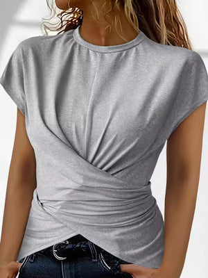 T-shirt boutonné plissé à manches raglan, coupe près du corps, à nœud, à col rond, couleur unie