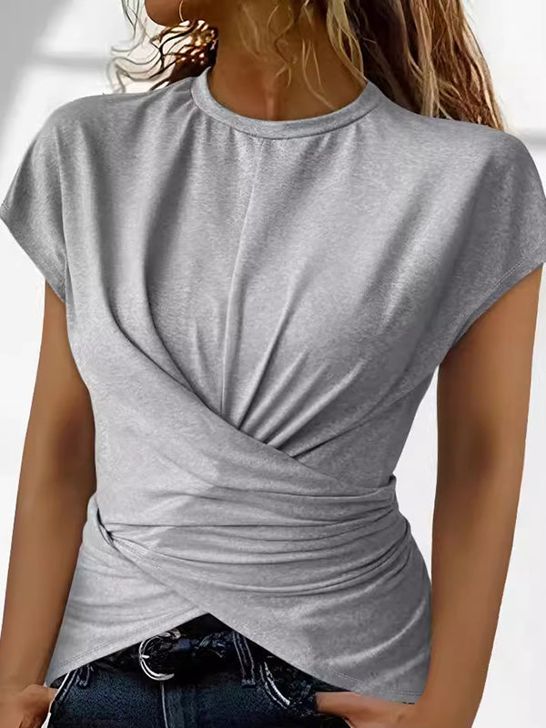 T-shirt boutonné plissé à manches raglan, coupe près du corps, à nœud, à col rond, couleur unie