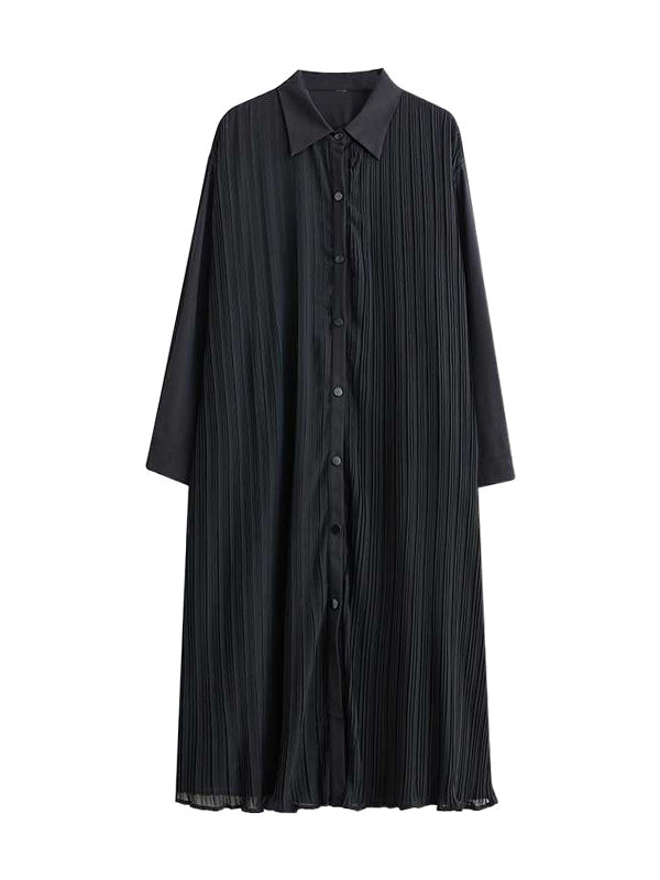 Robe chemise boutonnée plissée coupe trapèze, à manches longues, à poches, à empiècements, à col revers