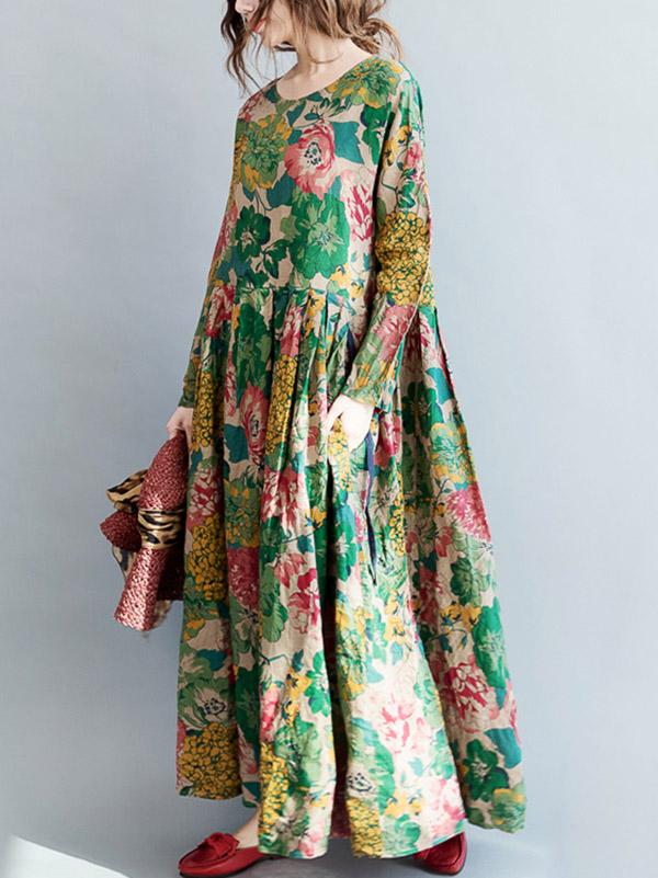 Robe longue style ethnique, à imprimé floral