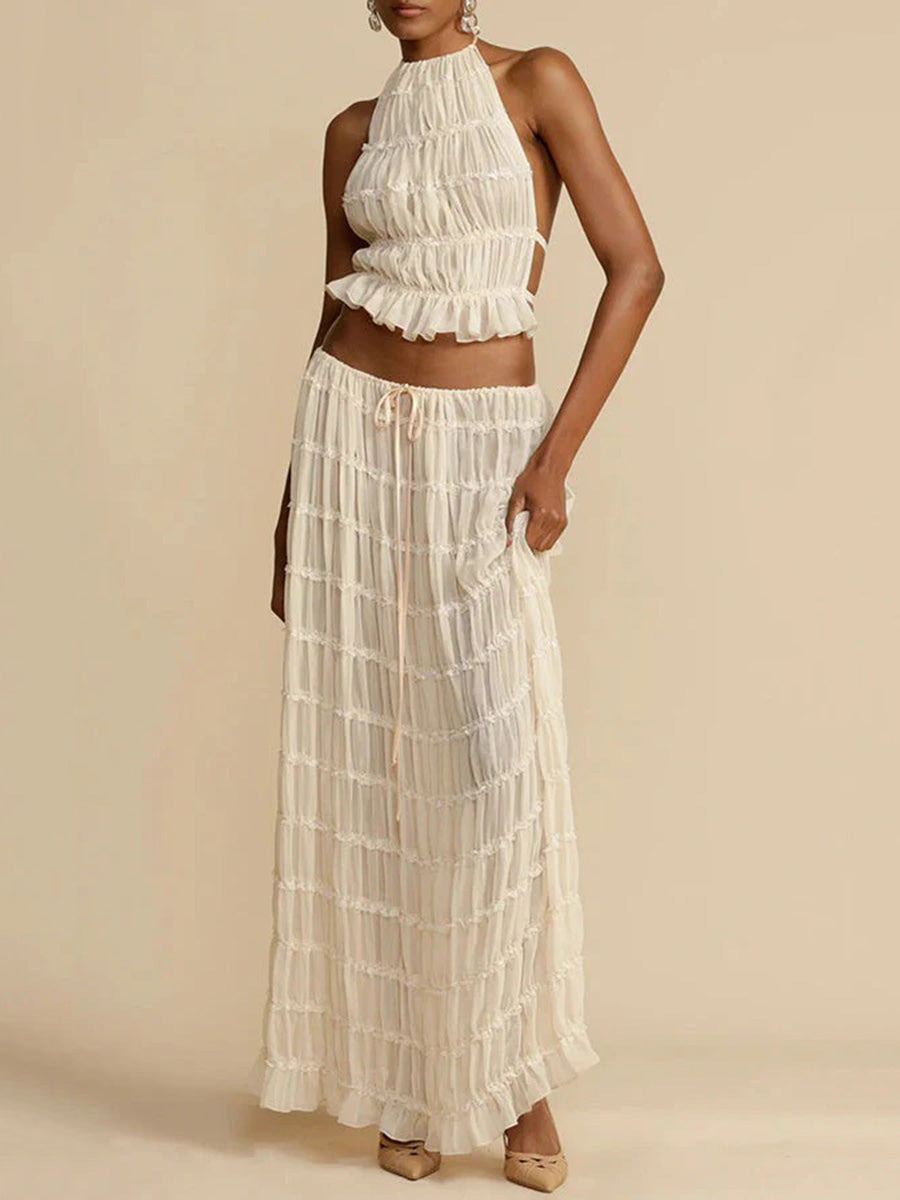 Ensemble deux pièces plissé texturé court volanté à col licou, dos nu, à taille nouée, taille haute, couleur unie – débardeur + jupe