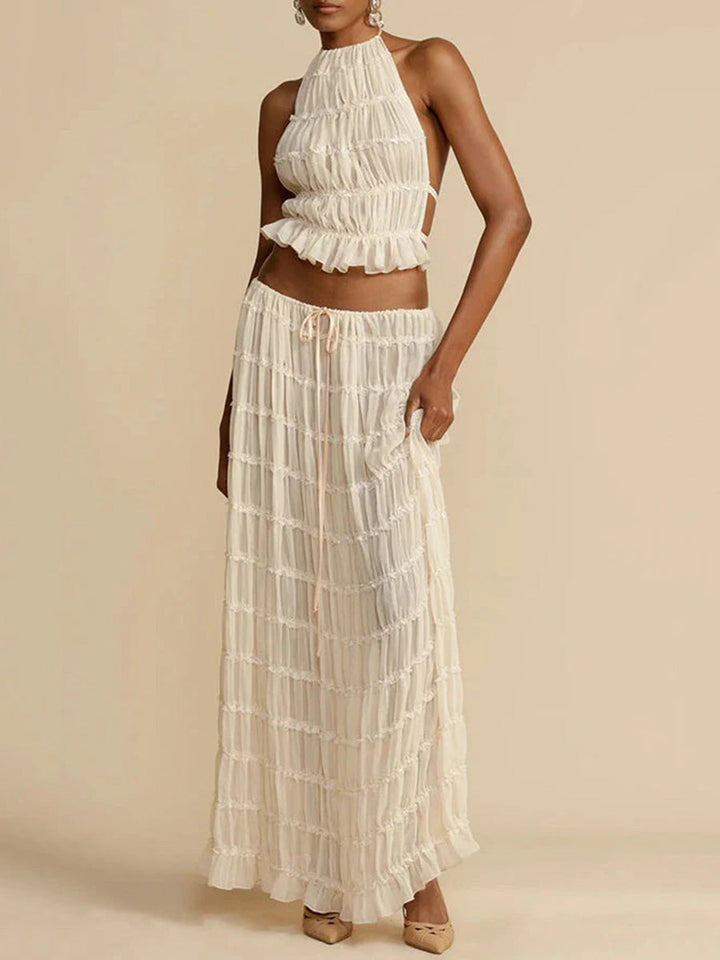 Ensemble deux pièces plissé texturé court volanté à col licou, dos nu, à taille nouée, taille haute, couleur unie – débardeur + jupe