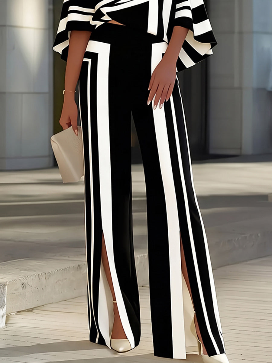 Pantalon rayé fendu devant à jambes larges, taille haute, couleur contrastée