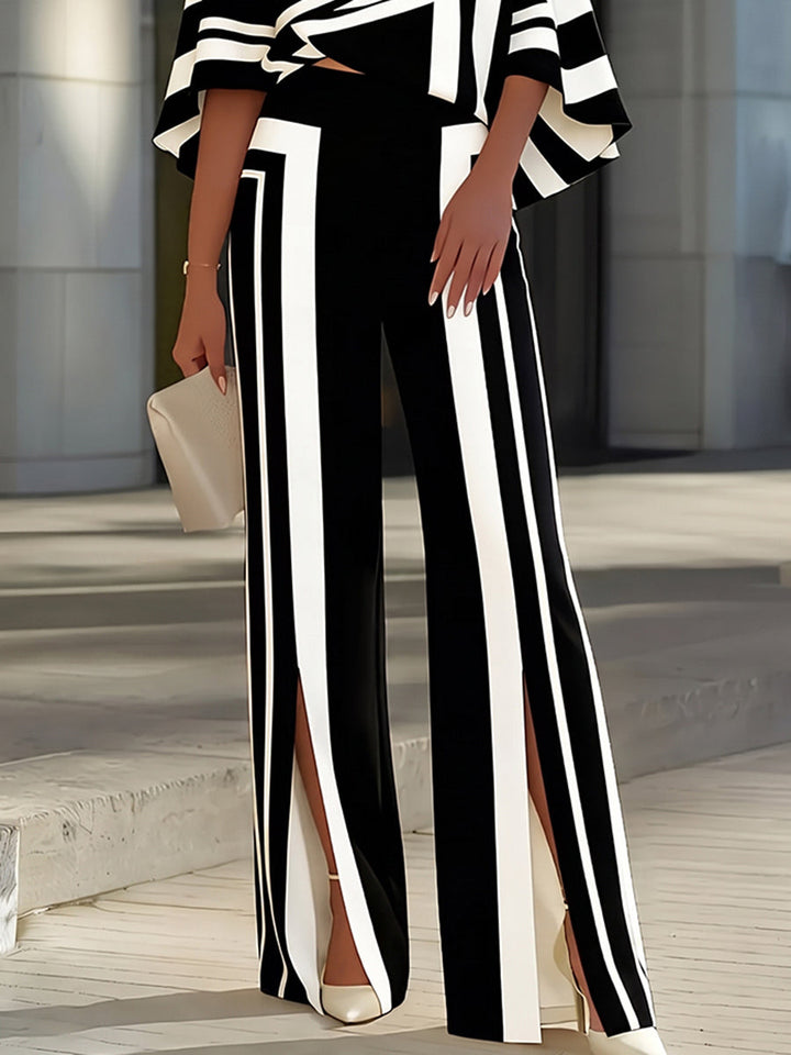 Pantalon rayé fendu devant à jambes larges, taille haute, couleur contrastée