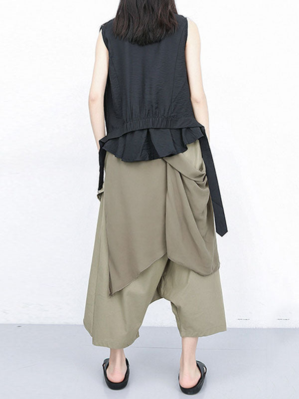 Pantalon 7/8 ample plissé couleur unie