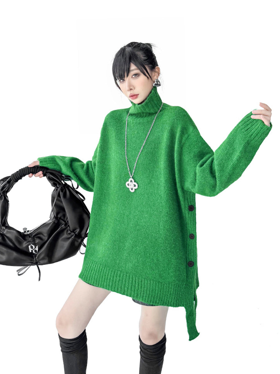 Irrégularité Manches Longues Côtes Boutonnées Couleur Unie Joint Fendu Col Haut Pull Hauts