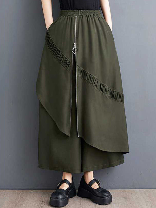 Pantalon jupe-culotte taille haute, ample, élastique, poches plissées, fermeture éclair, à empiècements