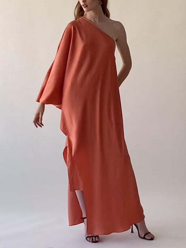 Robe longue ample asymétrique asymétrique à une épaule, couleur unie