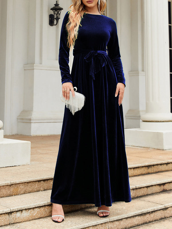 Robe longue plissée à manches longues, coupe portefeuille, avec ceinture, à fermeture éclair, à col rond, couleur unie