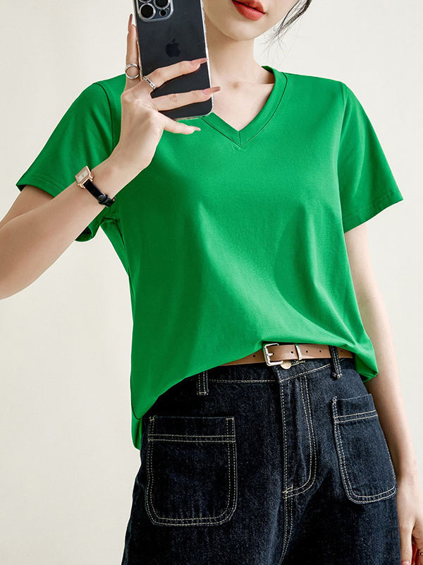 T-shirt ample à manches courtes, à col en V, couleur unie