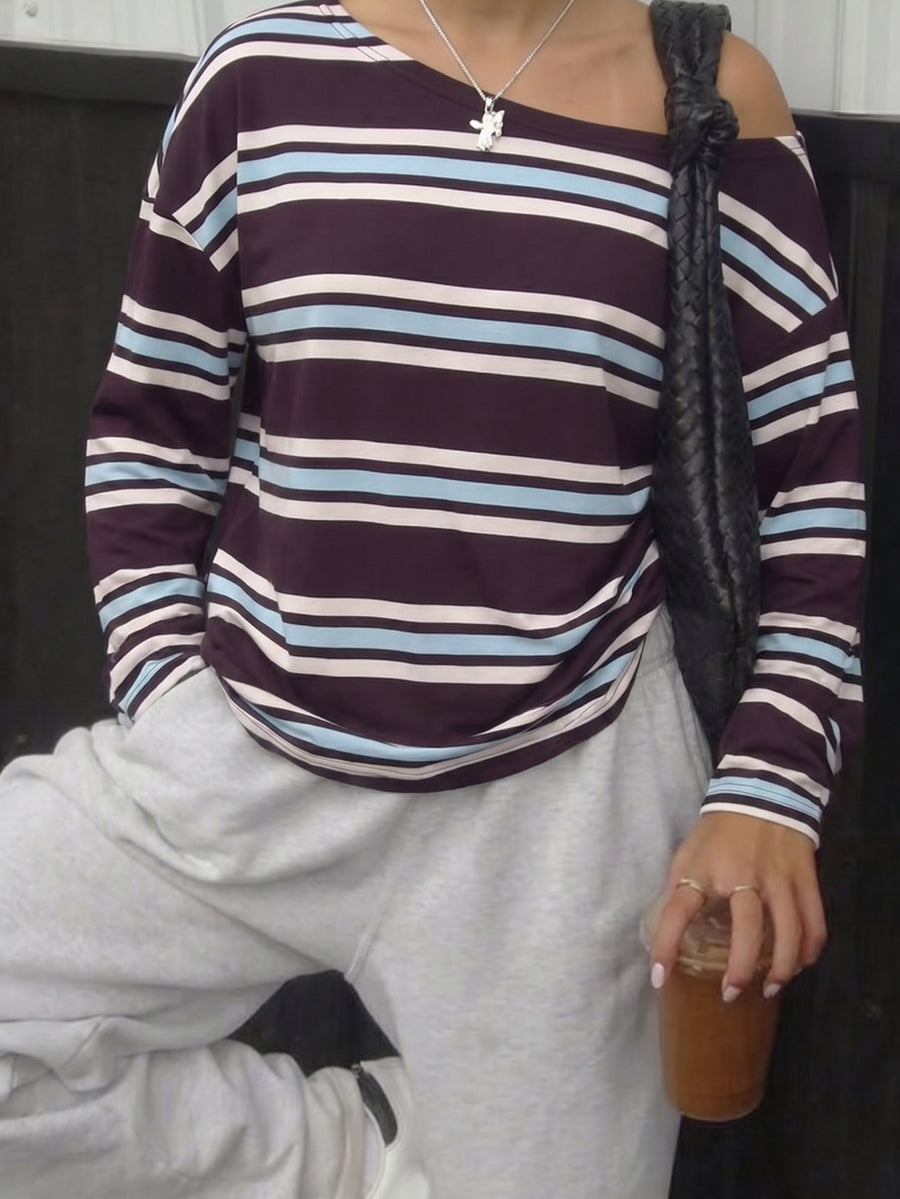 T-shirt rayé effet amincissant, à manches longues, asymétrique à une épaule