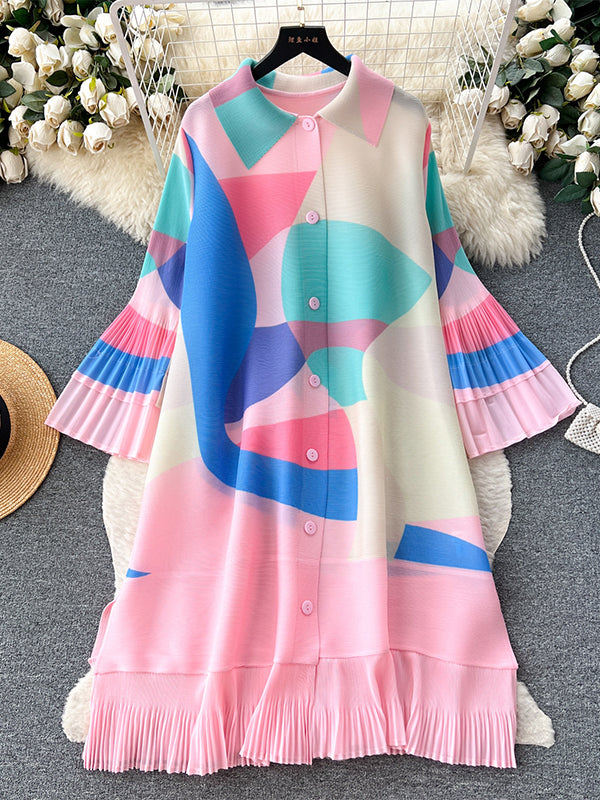 Robe mi-longue ample plissée à manches évasées, avec ceinture, couleur contrastée