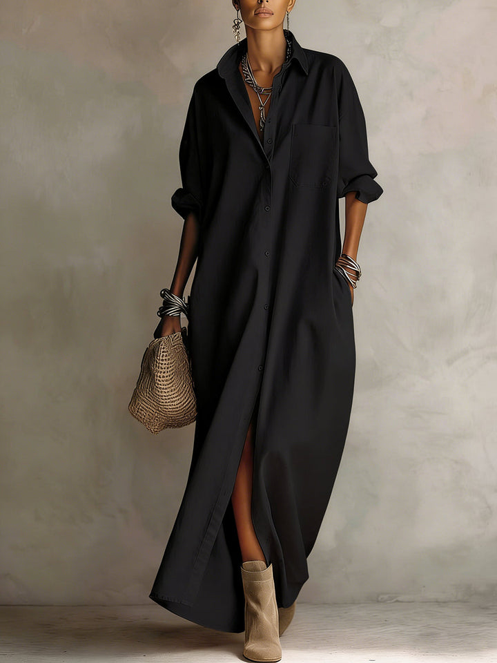 Robe chemise ample boutonnée à manches longues, à poches, à col revers, couleur unie