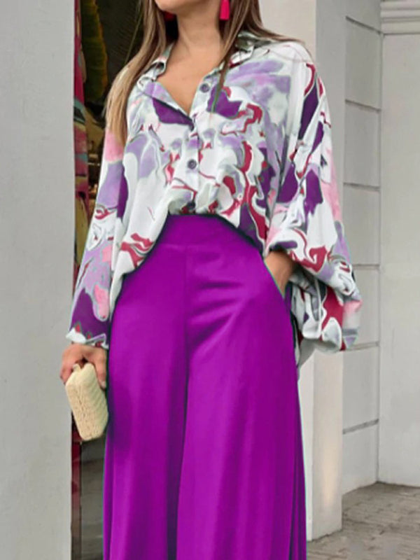 Ensemble deux pièces : blouse à couleurs contrastées + pantalon large uni