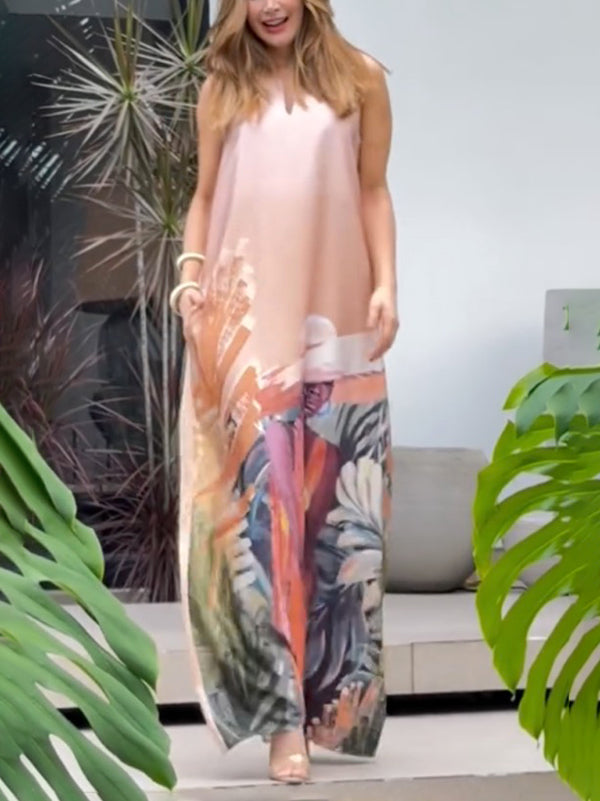Robe longue ample sans manches, à motifs figuratifs, à poches, à col en V