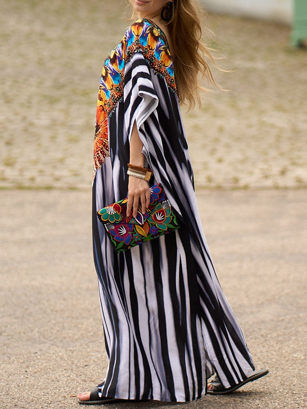 Robe longue de plage à manches chauve-souris, ample, imprimée, fendue sur le côté, rayée, col en V
