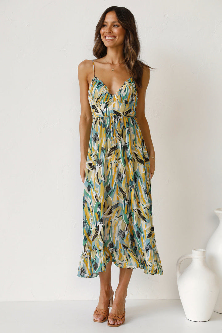 Camila - Robe midi imprimée avec ourlet à volants et décolleté en cœur