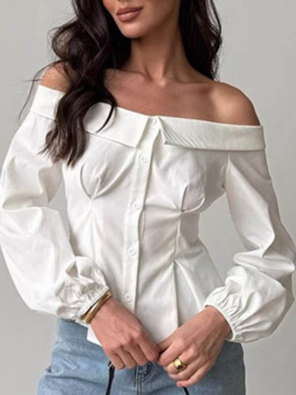 Chemisier ample boutonné à manches longues, à taille élastique, à poches, à épaules dénudées, couleur unie