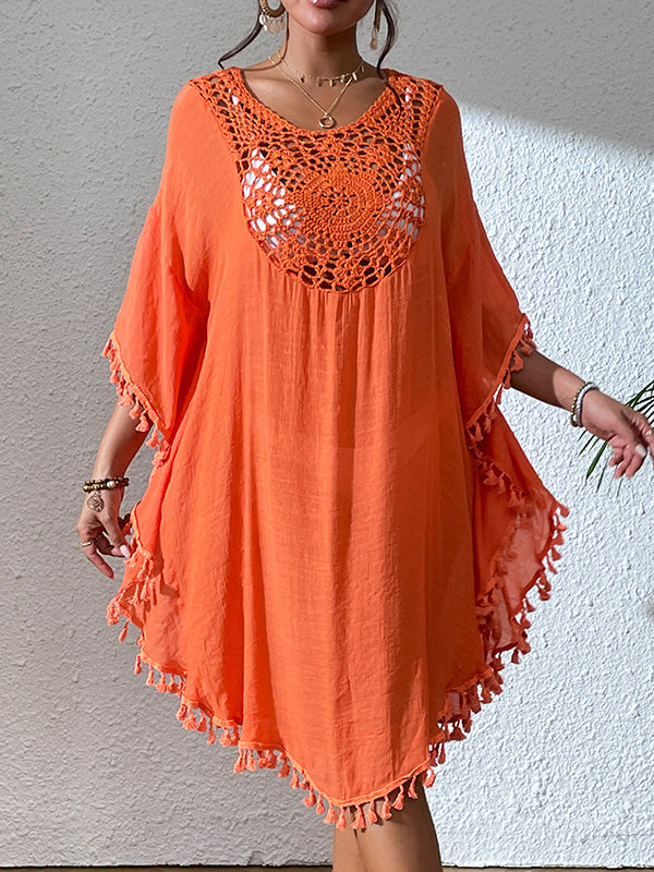 Robe mi-longue ample ajourée à manches chauve-souris, anti-UV, à pompons, à col rond, couleur unie