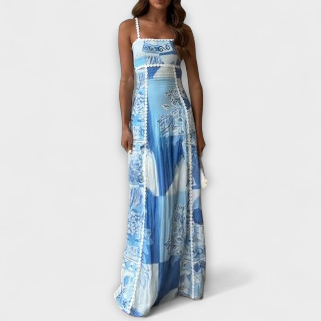 Lirienne – Robe maxi fluide avec bretelles et structure à motifs