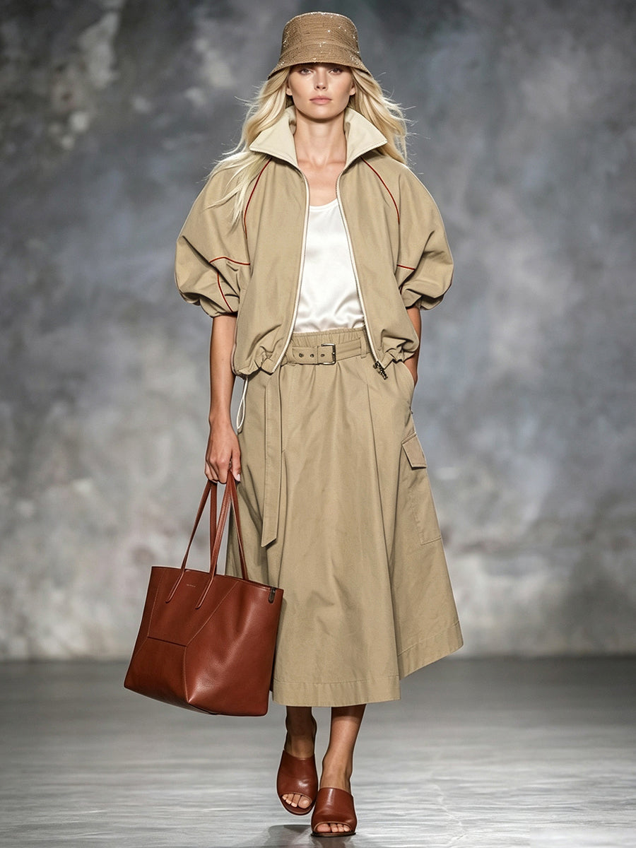 Jupe ample à poches, à taille élastique, avec ceinture, coupe trapèze, couleur unie
