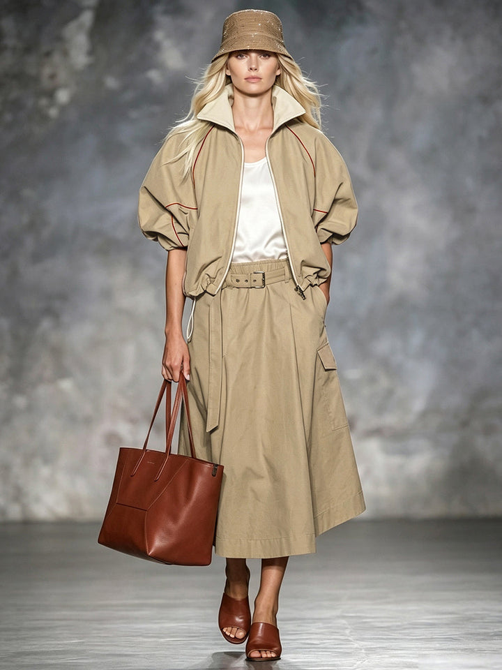 Jupe ample à poches, à taille élastique, avec ceinture, coupe trapèze, couleur unie