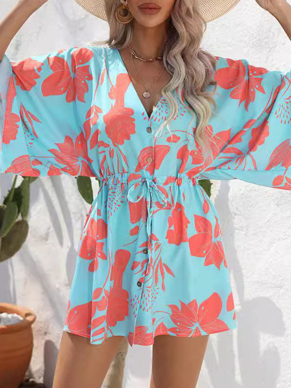 Robe courte boutonnée coupe trapèze, à manches mi-longues, à cordon de serrage, à imprimé floral, à col en V