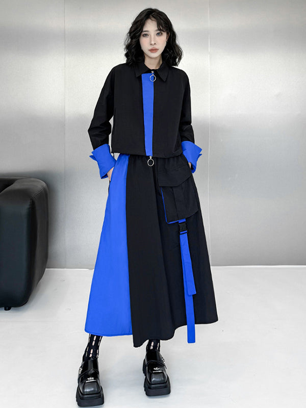 Ensemble deux pièces asymétrique à empiècements, à col revers, coupe trapèze, à taille élastique, à poches, à rubans, couleur contrastée – chemisier + jupe