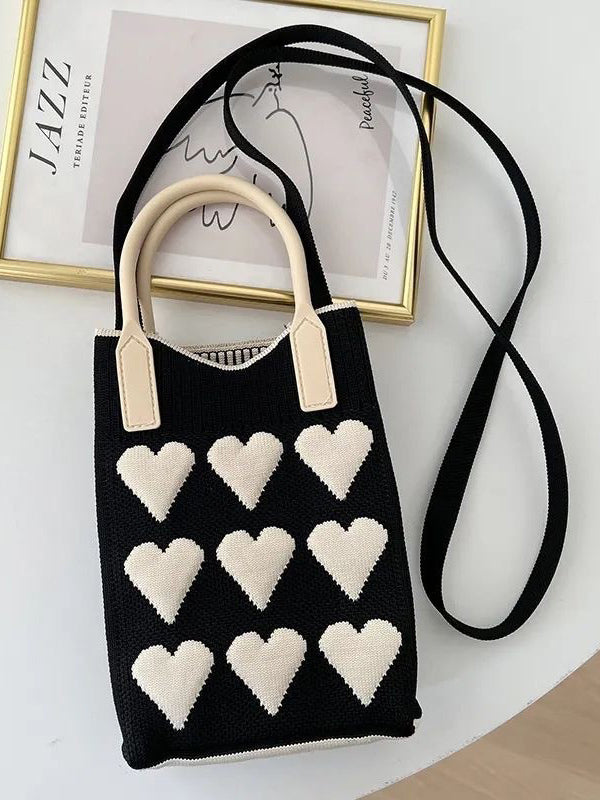 Sac à main à imprimé cœurs, à empiècements