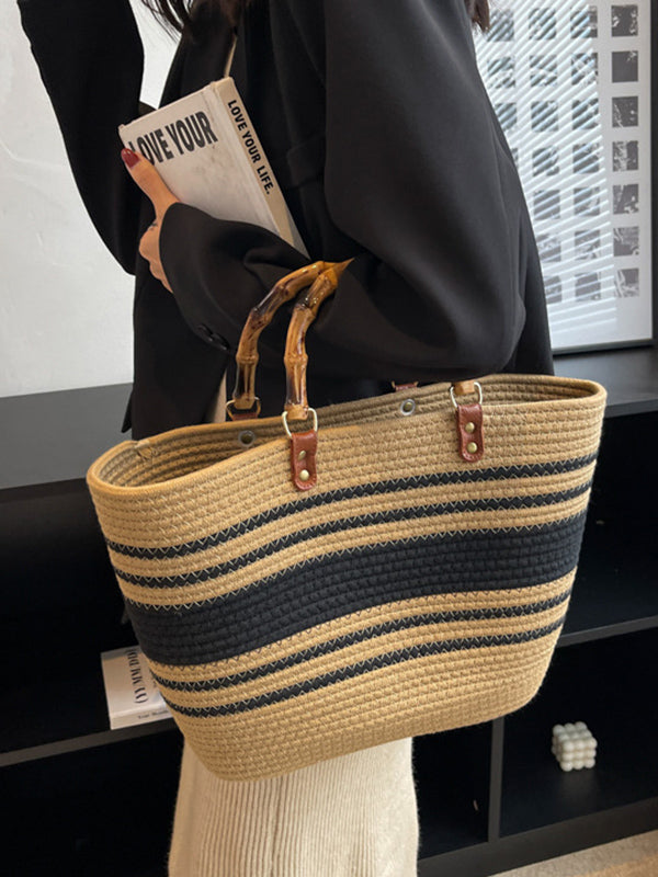 Sac à main rayé à empiècements, couleur contrastée