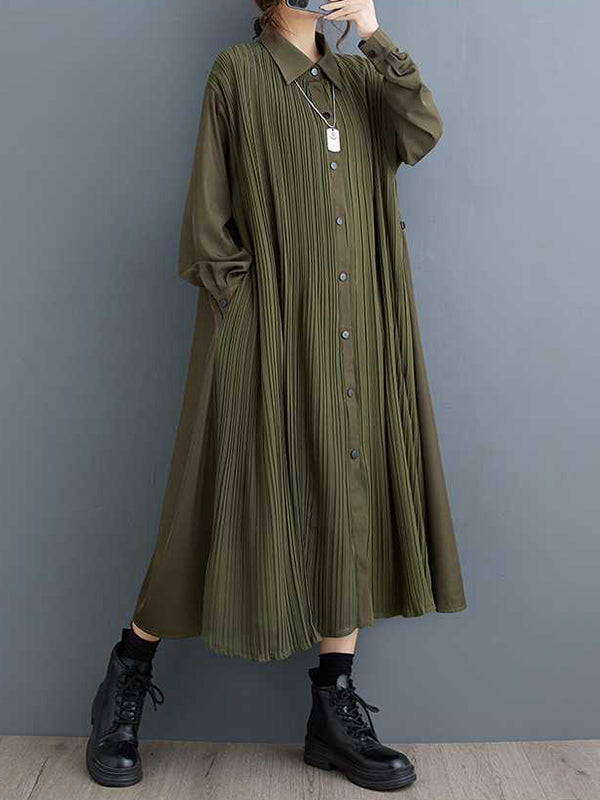 Robe chemise boutonnée plissée coupe trapèze, à manches longues, à poches, à empiècements, à col revers