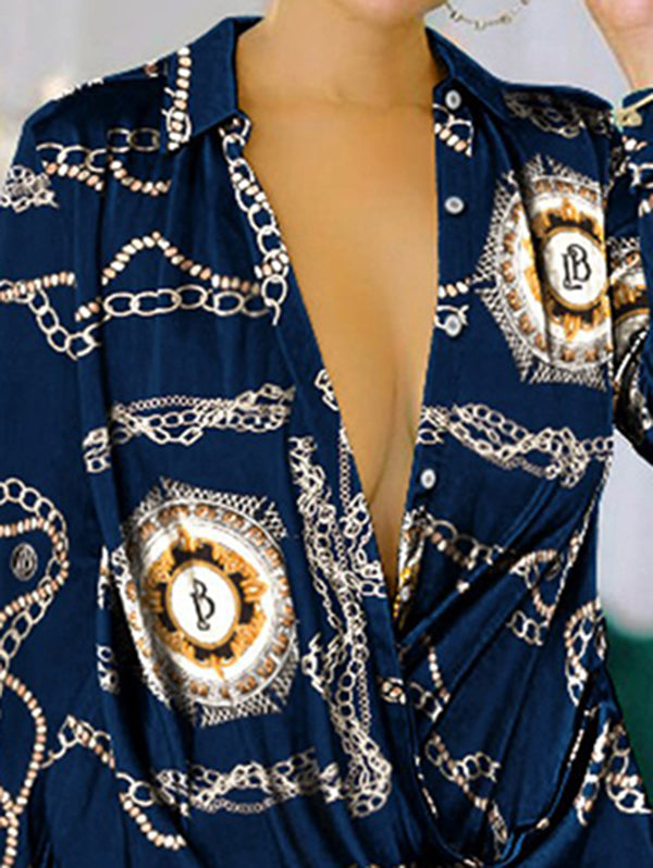 Robe chemise ample imprimée à manches longues, à motifs figuratifs, à col revers