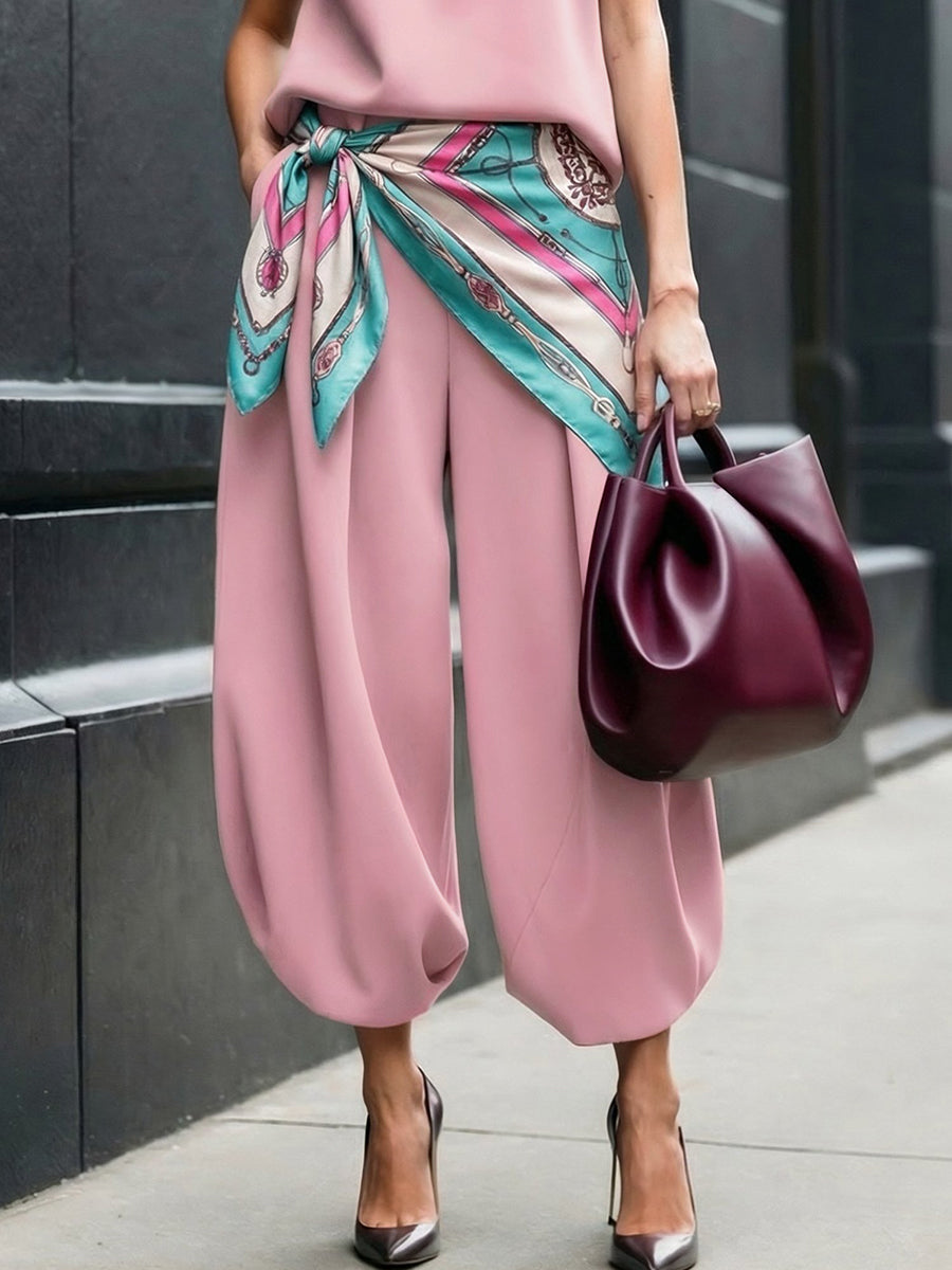 Pantalon court plissé taille haute, à poches, couleur unie