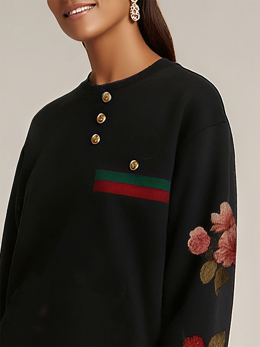Sweat-shirt boutonné à manches longues, à imprimé floral, à empiècements, à col rond, couleur contrastée