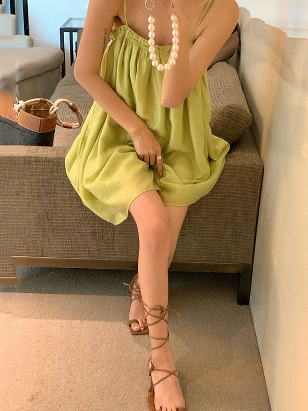 Robes courtes ample plissée sans manches, couleur unie, col Spaghetti, robe à bretelles