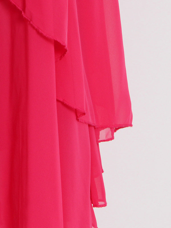 Robe longue ample à manches raglan, à volants étagés, à col montant, couleur unie