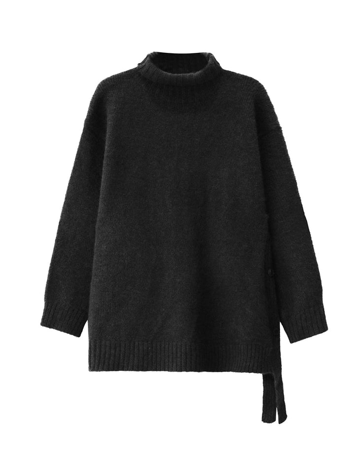 Irrégularité Manches Longues Côtes Boutonnées Couleur Unie Joint Fendu Col Haut Pull Hauts