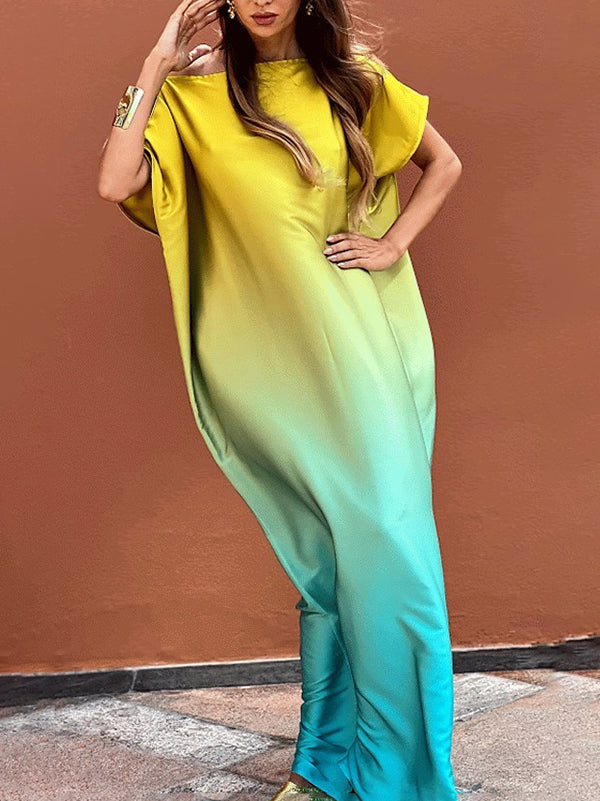Robe longue ample à manches courtes, en dégradé, asymétrique à une épaule