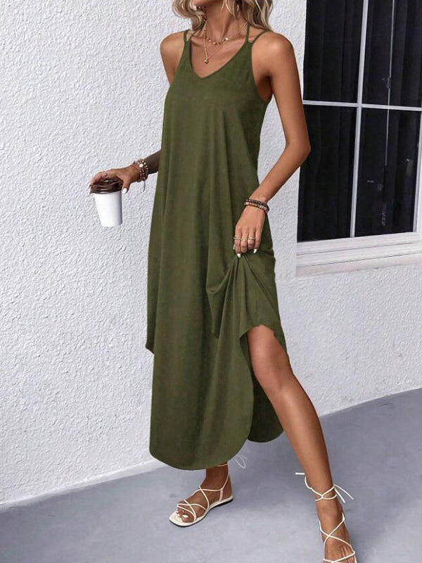 Robe longue ample grande taille, à fines bretelles, couleur unie