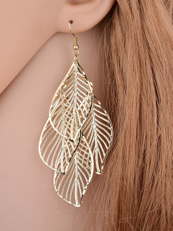 Argent élégant – Boucles d'oreilles anciennes à plusieurs couches et à structure ajourée en forme de feuille
