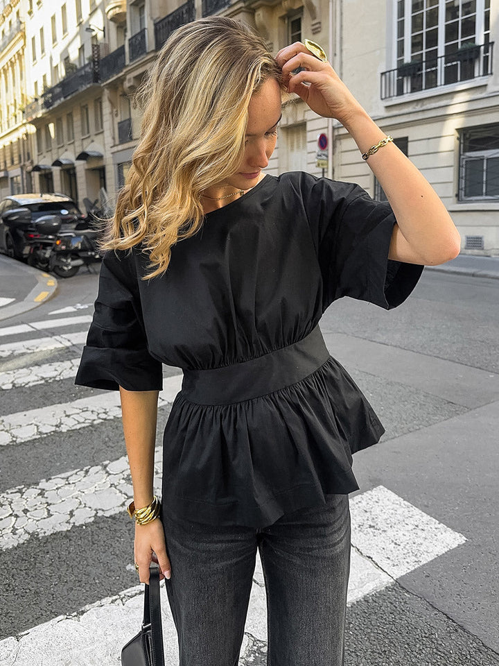 Chemisier plissé à taille élastique, taille haute, à empiècements, à taille nouée, à col rond, couleur unie
