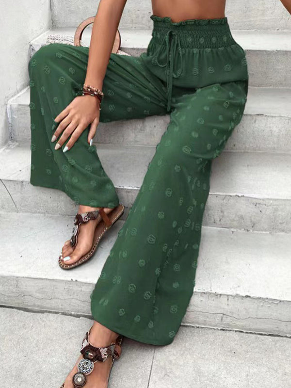 Pantalon ample taille haute, à cordon de serrage, à taille élastique, en jacquard, couleur unie