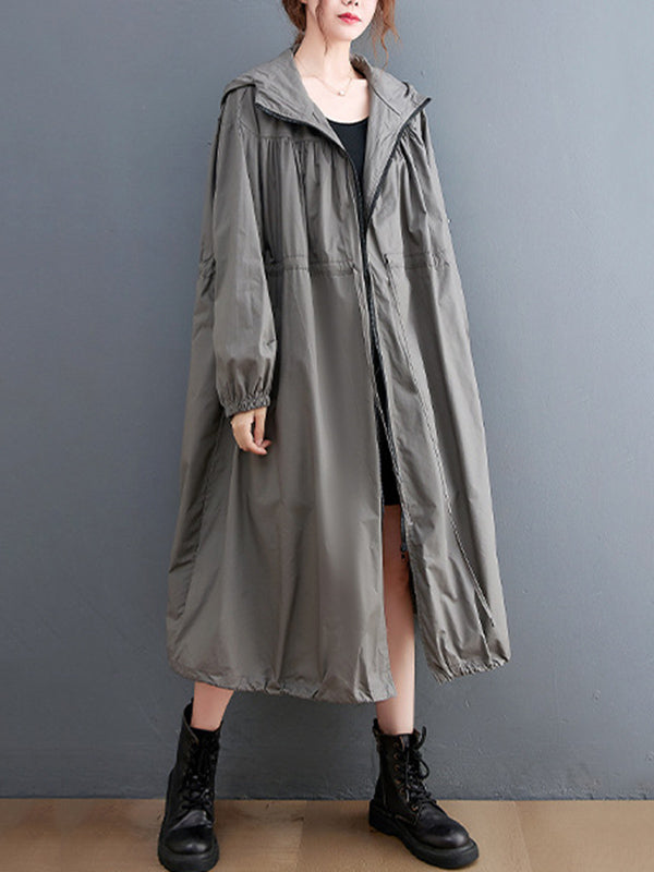 Trench-Coat décontracté à capuche, couleur unie, ample, fermeture éclair, cordon de serrage, manches longues