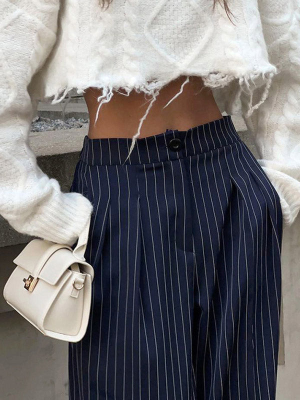 Pantalon Large Taille Haute Pantalon Rayé Boutonné Pantalon