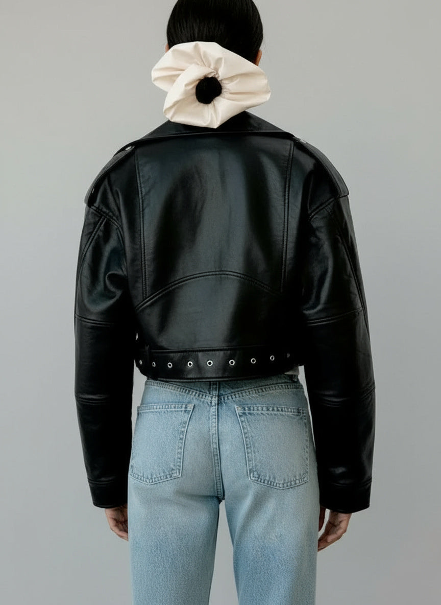 Zira | Veste en cuir pour femmes courte style biker avec ceinture